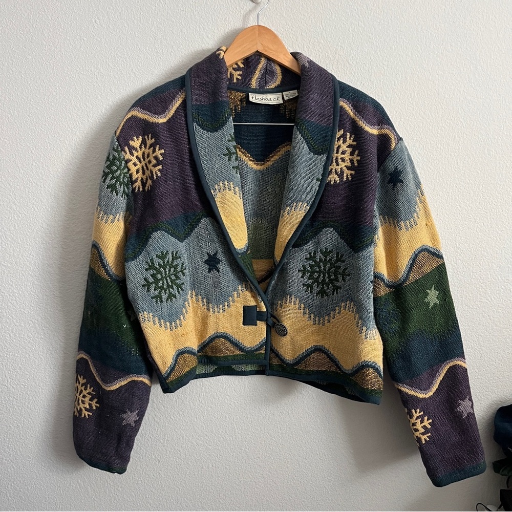 Flashback size large green blue yellow tapestry like winter Christmas jacket 90s - Picture 3 of 14